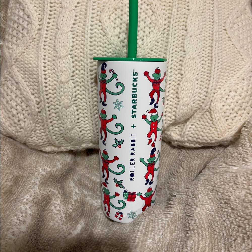 Starbucks Roller Rabbit White Tumbler with Green Straw and Festive Design
